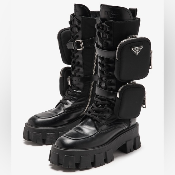 Prada Black Leather Zip Pocket Tall Monolith Combat Boots - Picture 1 of 16